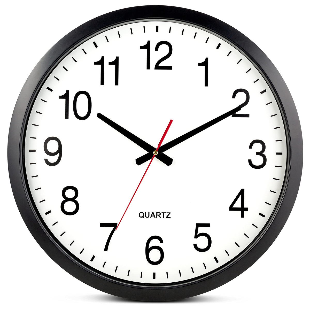 Bernhard Products black wall clock 18-inch dial, easy readability from a distance.