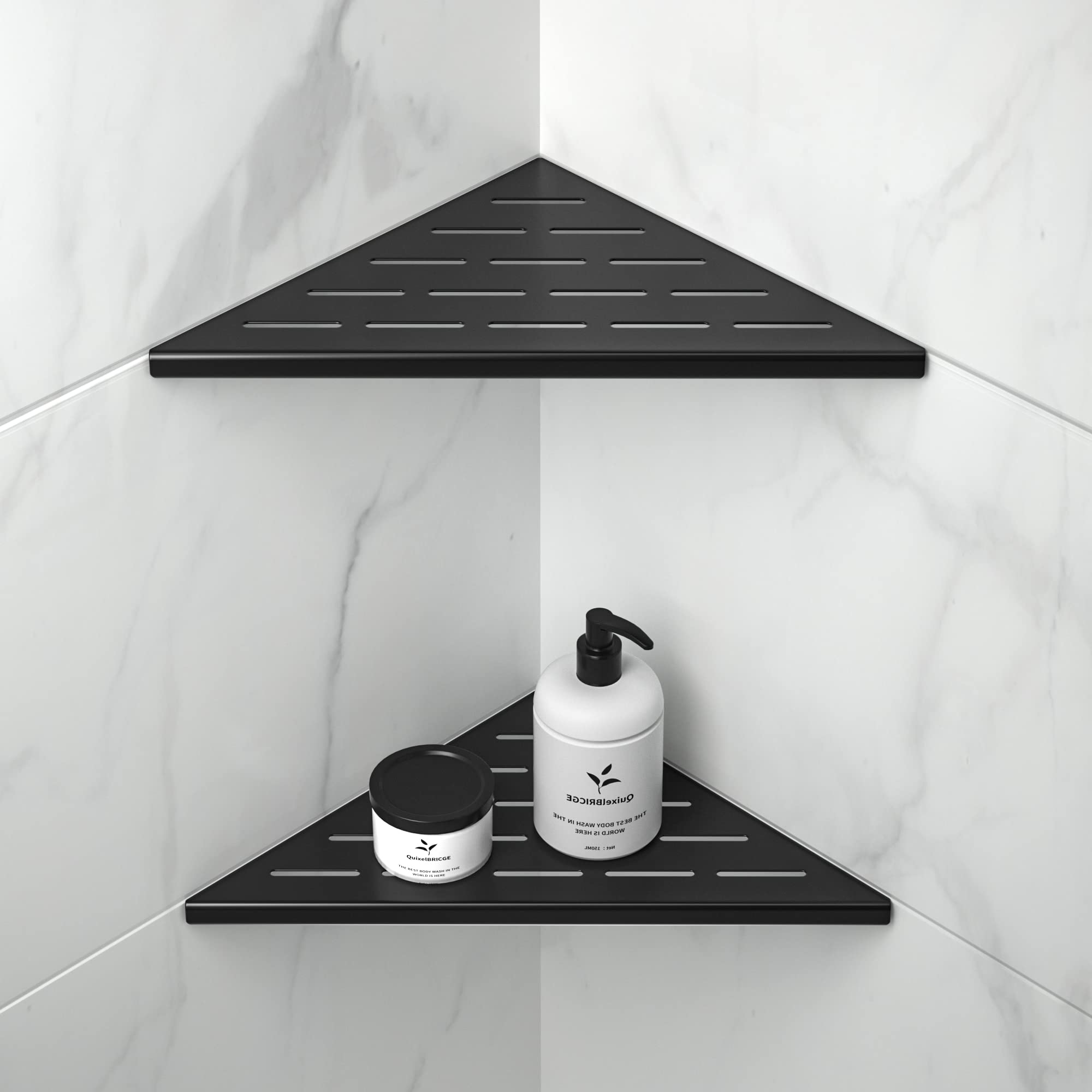 Bernkot Corner Shelf 10-inch matte black with slot design for shower storage.