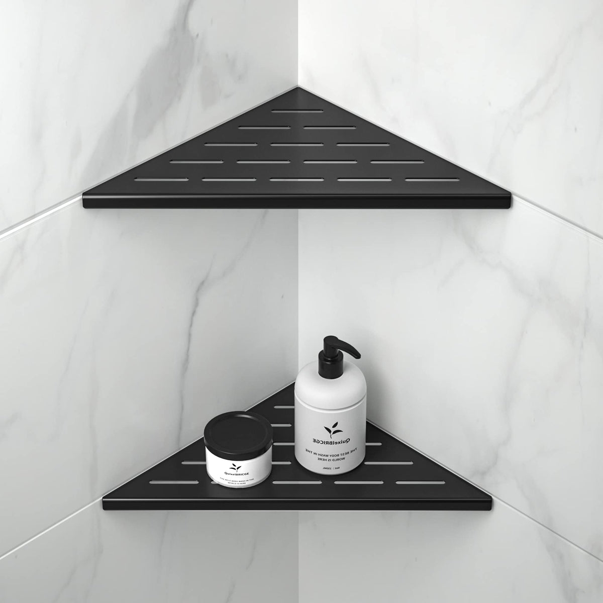 Bernkot Corner Shelf 10-inch matte black with slot design for shower storage.