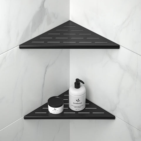 Bernkot Corner Shelf 10-inch matte black with slot design for shower storage.