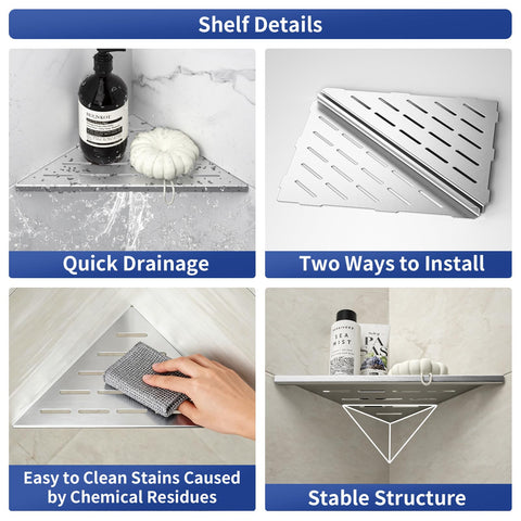Bernkot corner shelf rail protects items from falling in a tiled bathroom