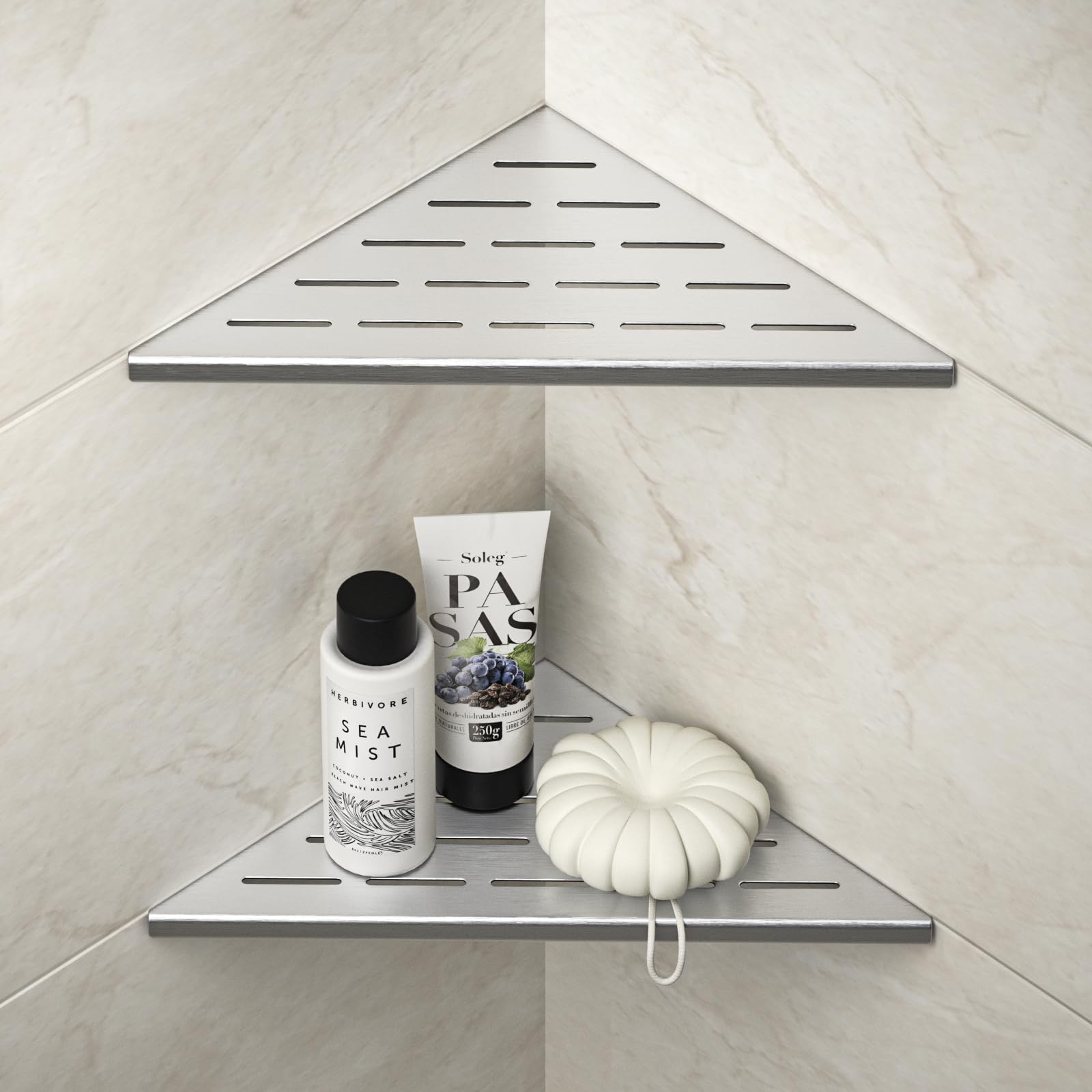 Bernkot corner shower shelf 10in brushed stainless front view showing sturdy load capacity