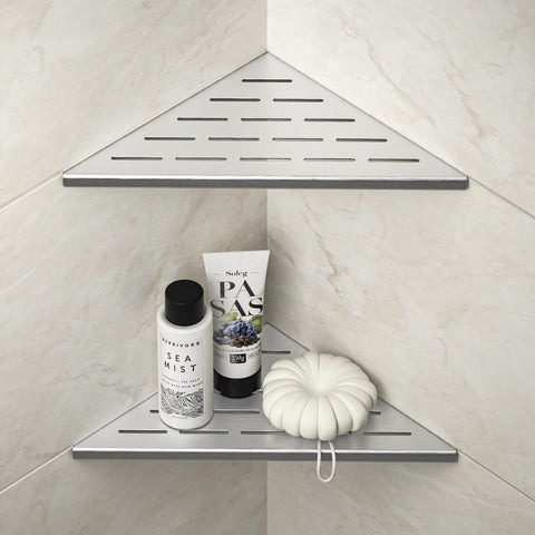 Bernkot corner shower shelf 10in brushed stainless front view showing sturdy load capacity