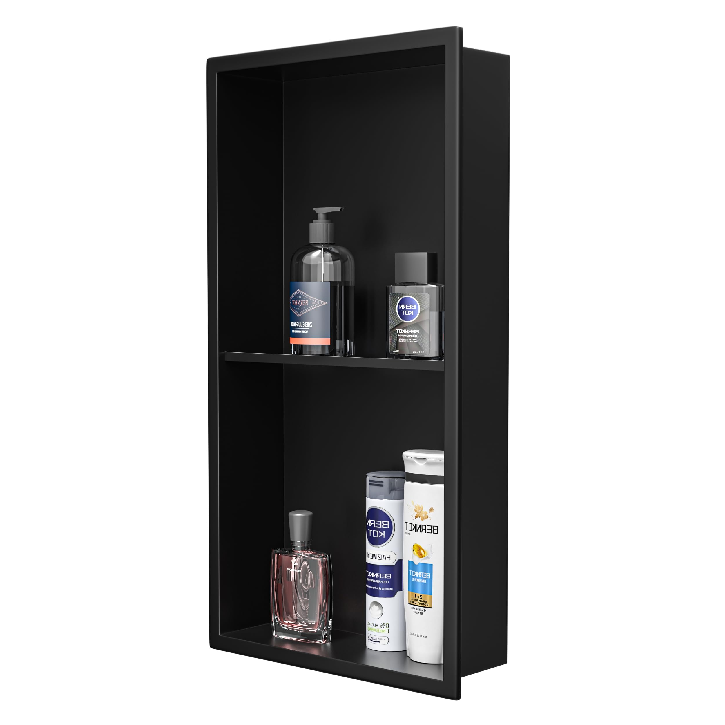Bernkot stainless shower niche front view with matte black finish and double shelves for organized shower essentials.