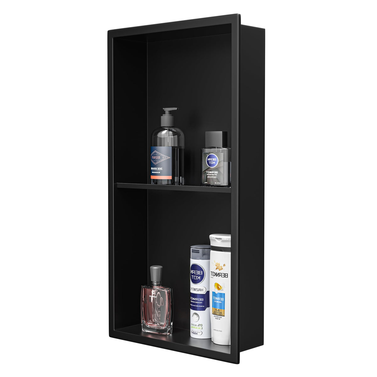 Bernkot stainless shower niche front view with matte black finish and double shelves for organized shower essentials.