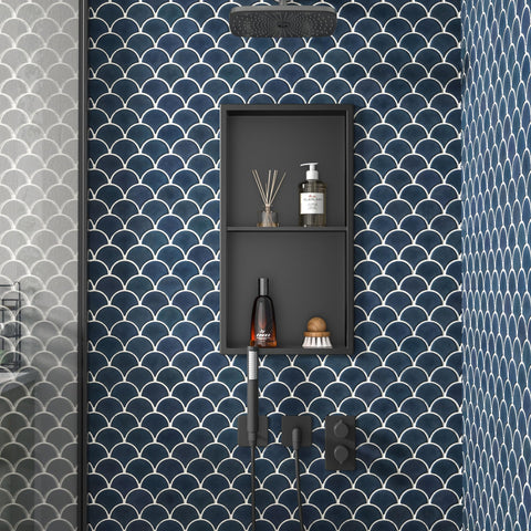 Bernkot shower niche shelves detail showing sturdy storage for shampoos and soaps.