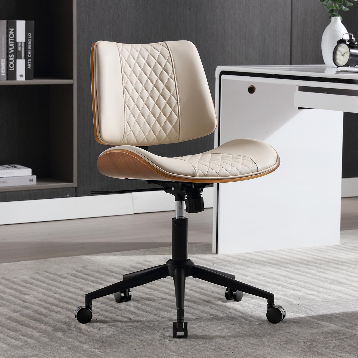 BERYTH armless office chair with wheels and beige backrest for compact spaces.