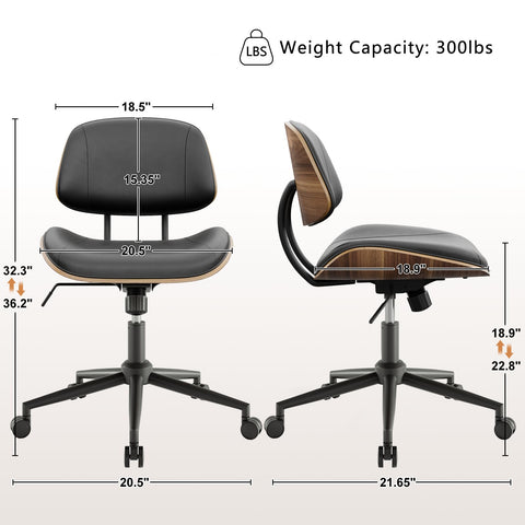 BERYTH armless office chair wheels side view highlighting compact under-desk design