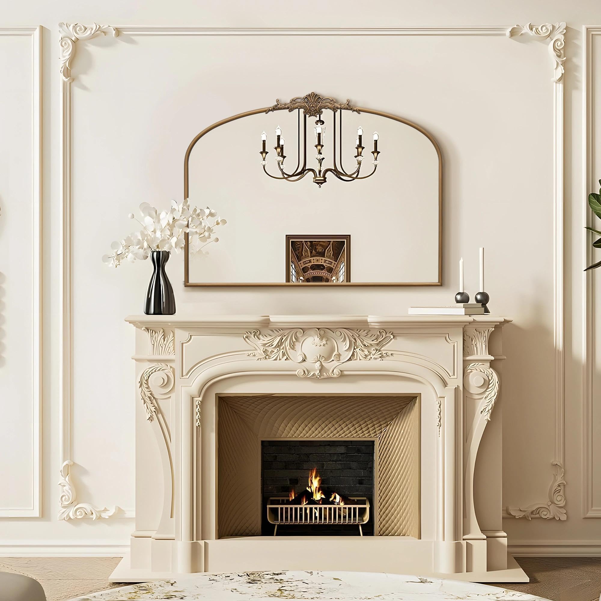 Besdomus Fireplace mantel gold mirror creates a refined focal point.