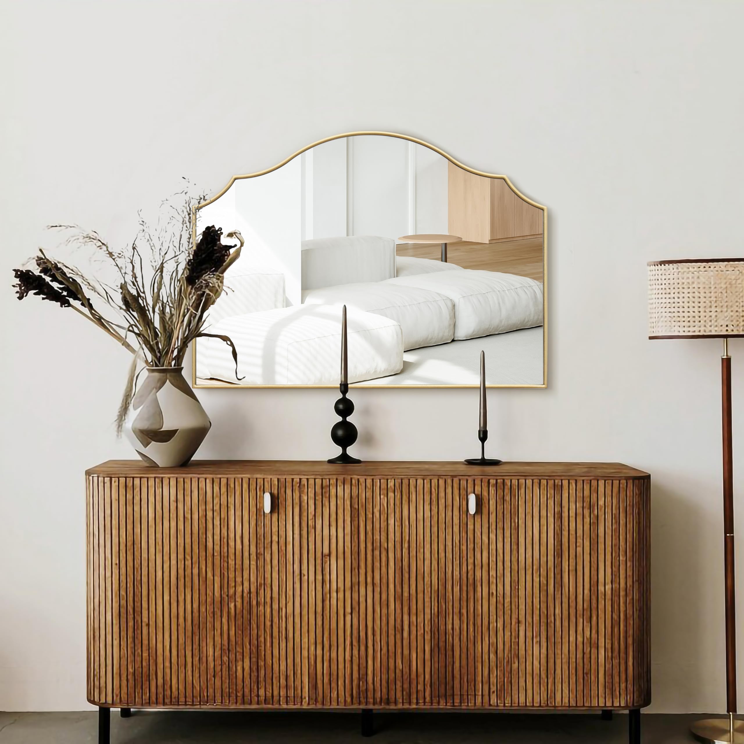 Besdomus gold scalloped mirror tempered glass provides safety and durability