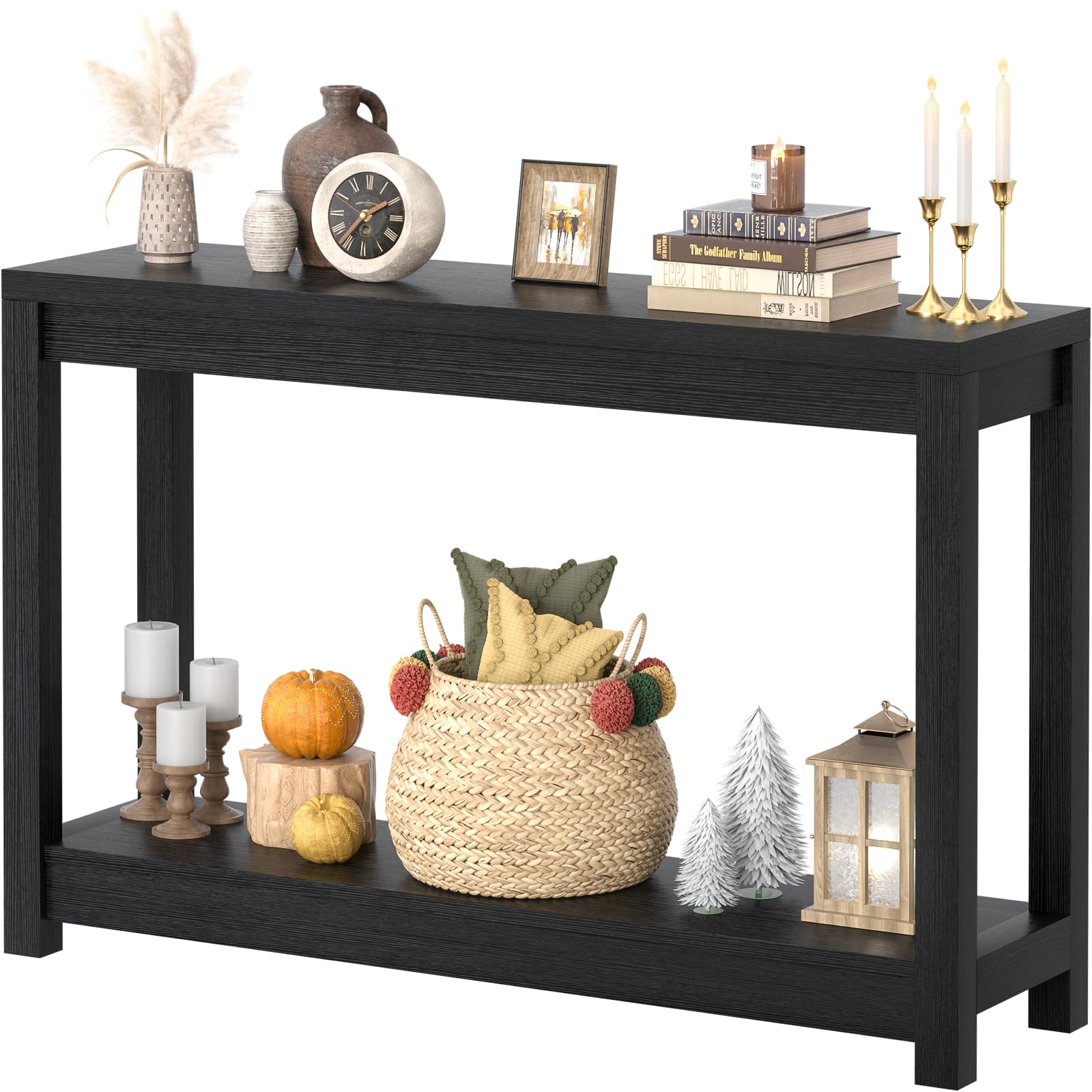 Besiost 47-inch farmhouse entryway table top view highlights wood grain and space-saving footprint
