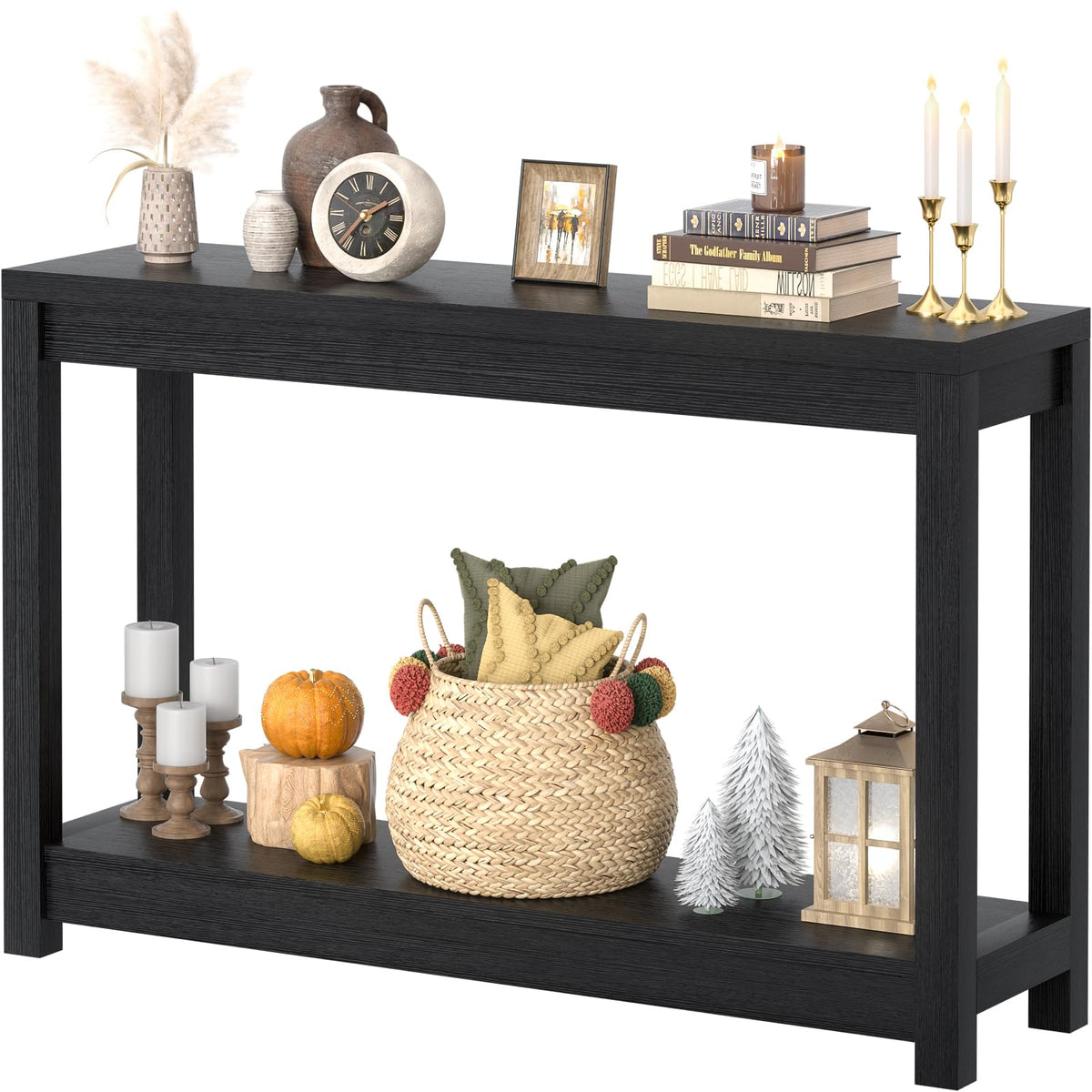 Besiost 47-inch farmhouse entryway table top view highlights wood grain and space-saving footprint