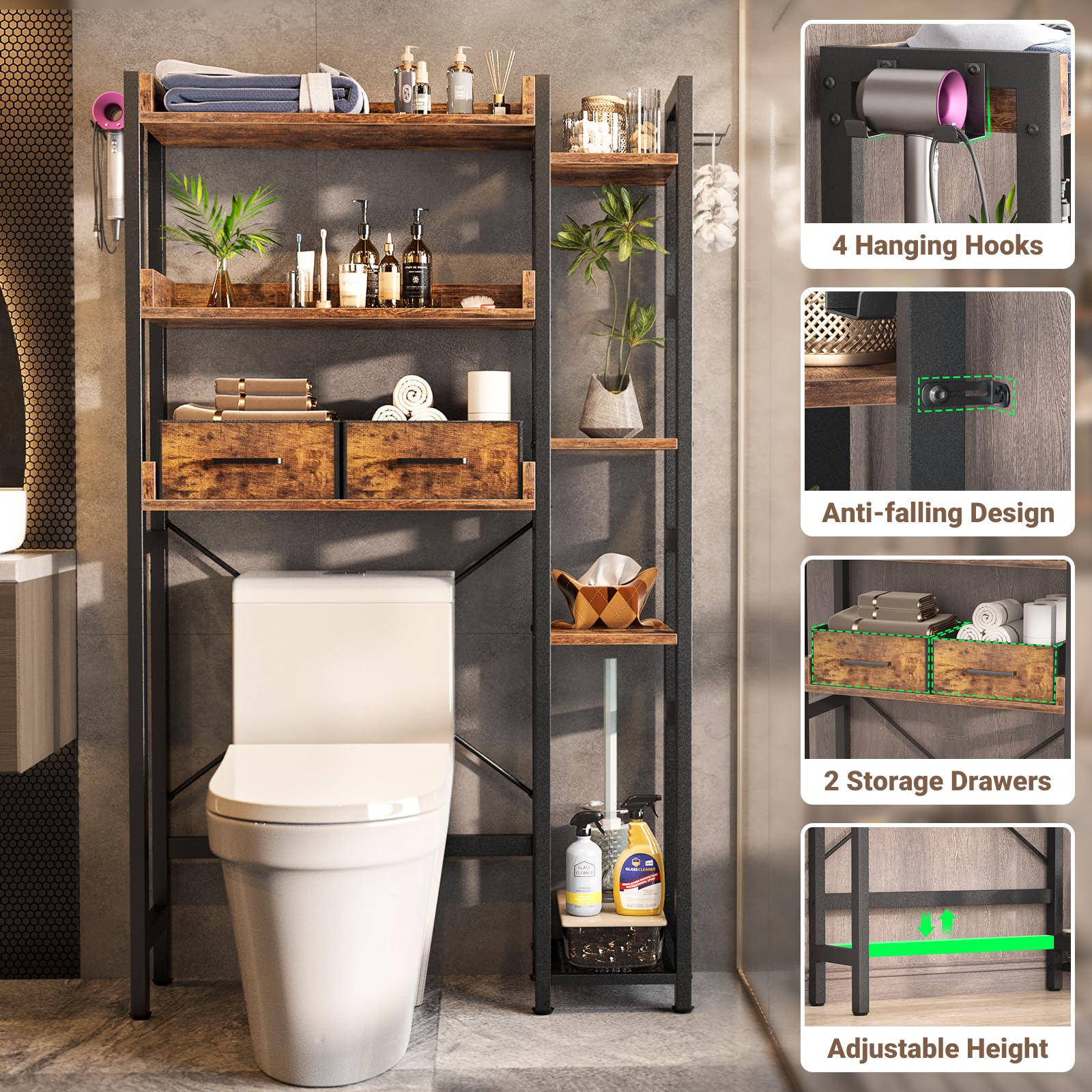 Besiost adjustable shelves fit various toilet heights and items.