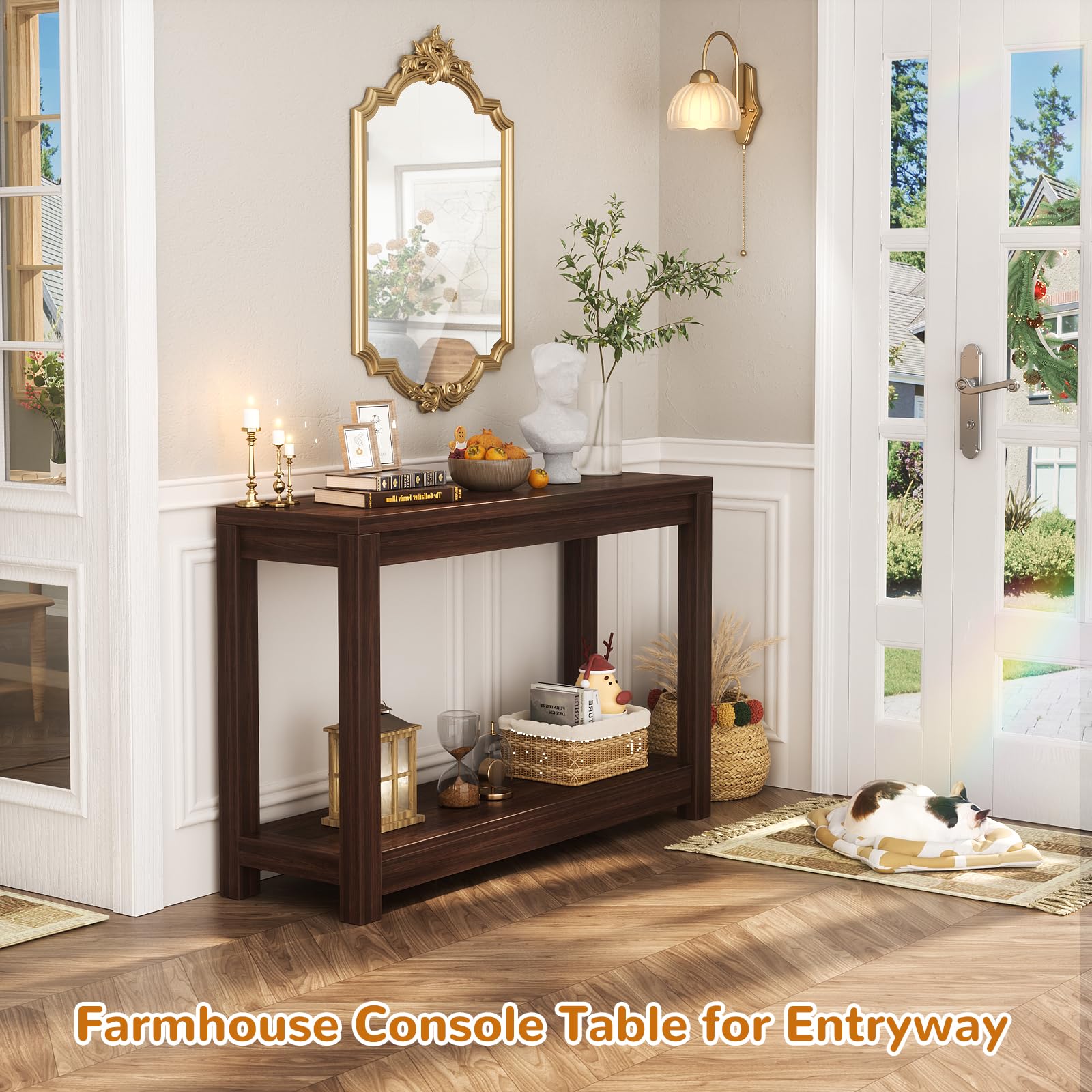 Besiost 32in narrow entryway console table in black walnut with open storage