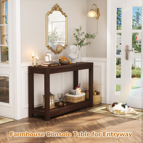 Besiost 32in narrow entryway console table in black walnut with open storage