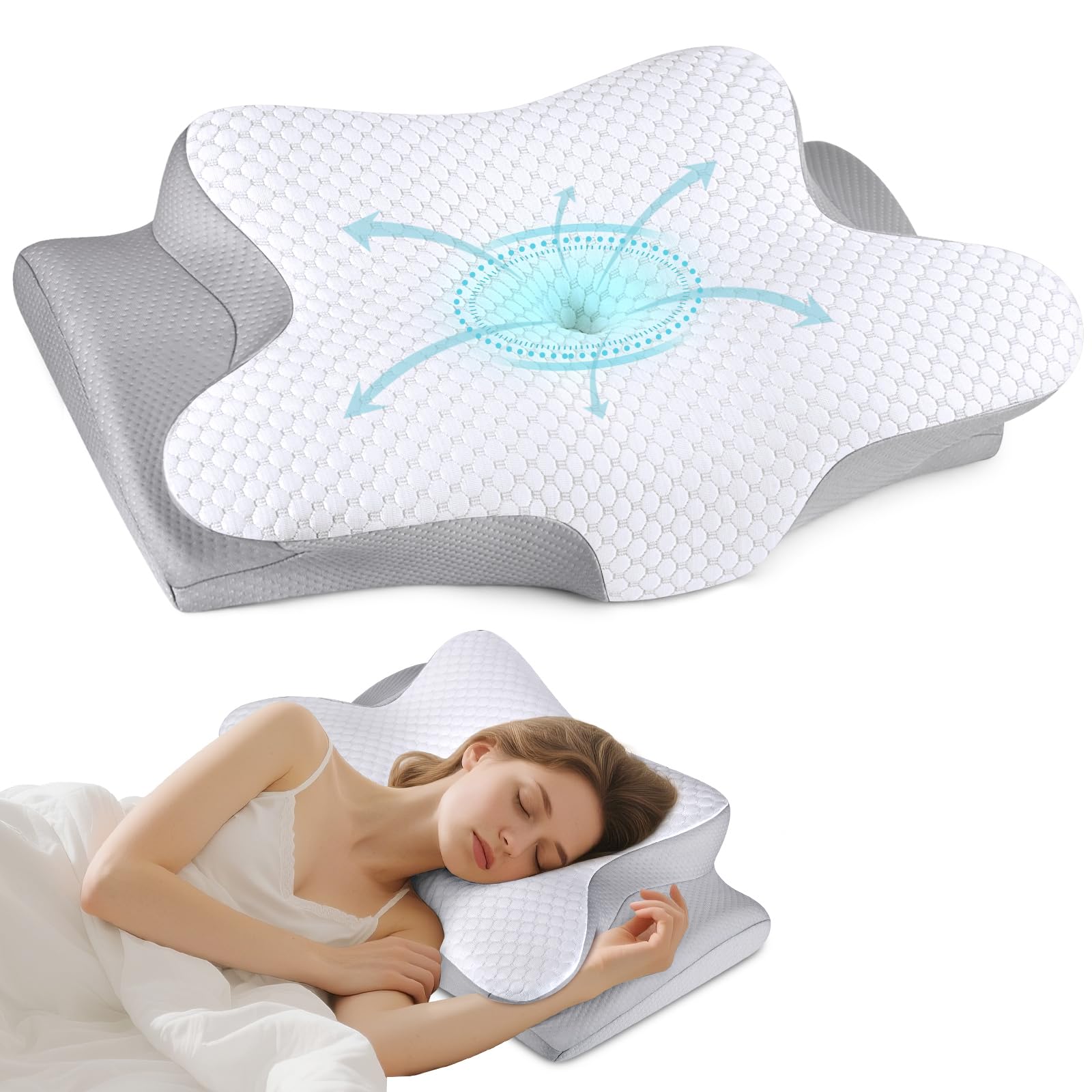 Bespillow cervical neck pillow with butterfly design supports neck alignment for side sleepers.
