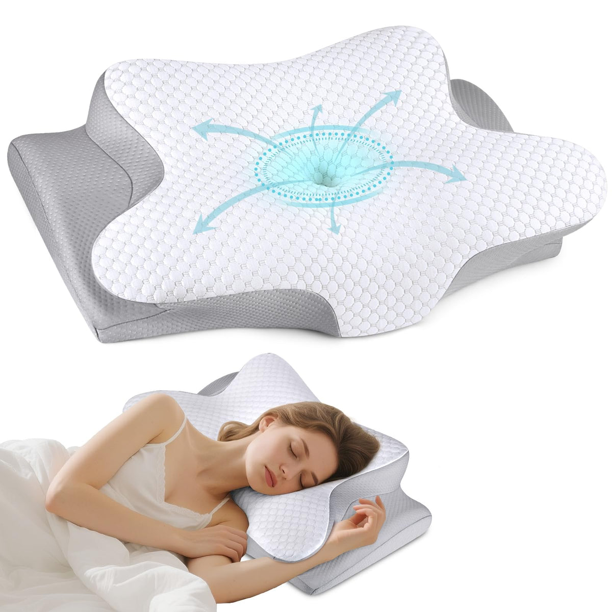 Bespillow cervical neck pillow with butterfly design supports neck alignment for side sleepers.
