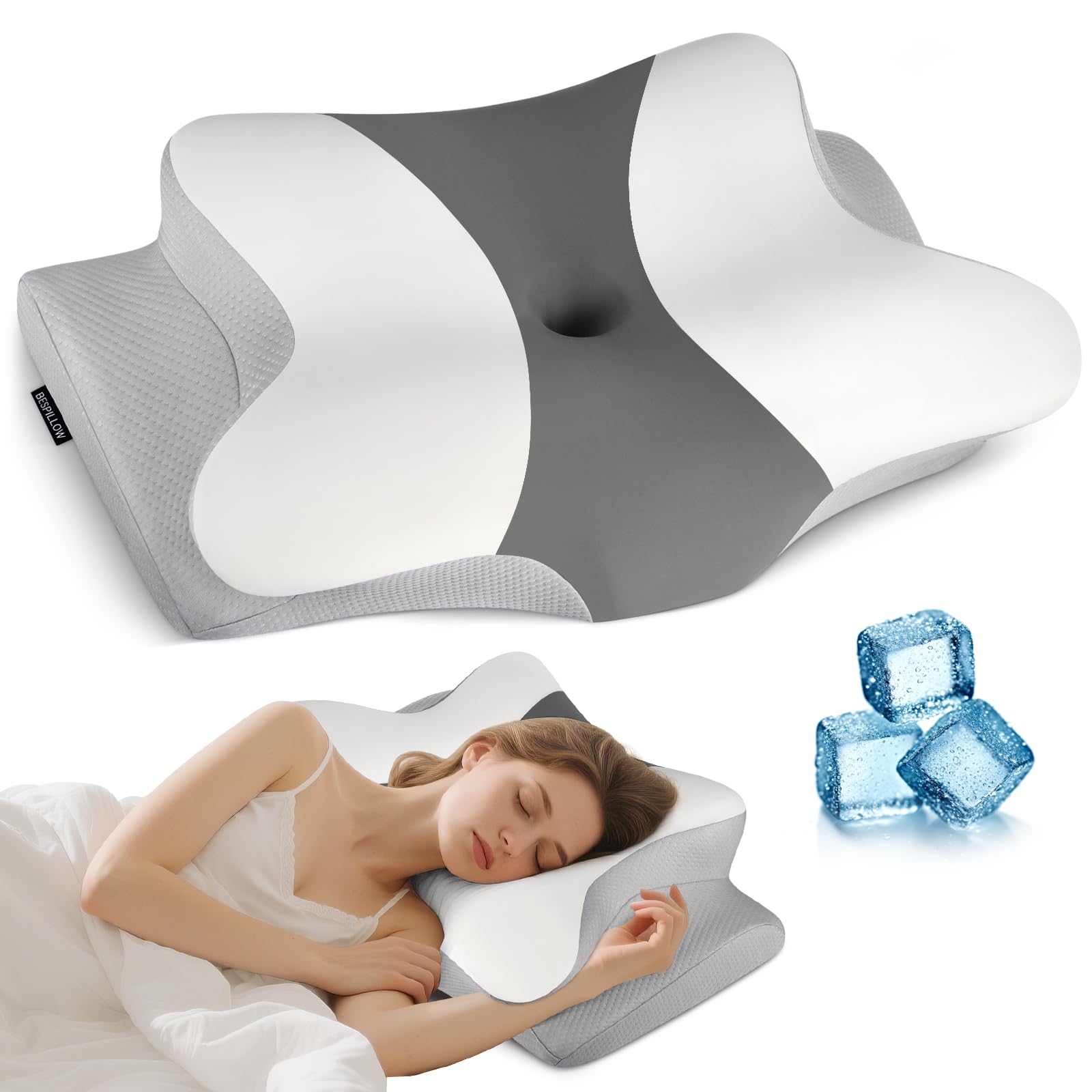 Bespillow cervical neck pillow with butterfly design for targeted side-sleeper support.