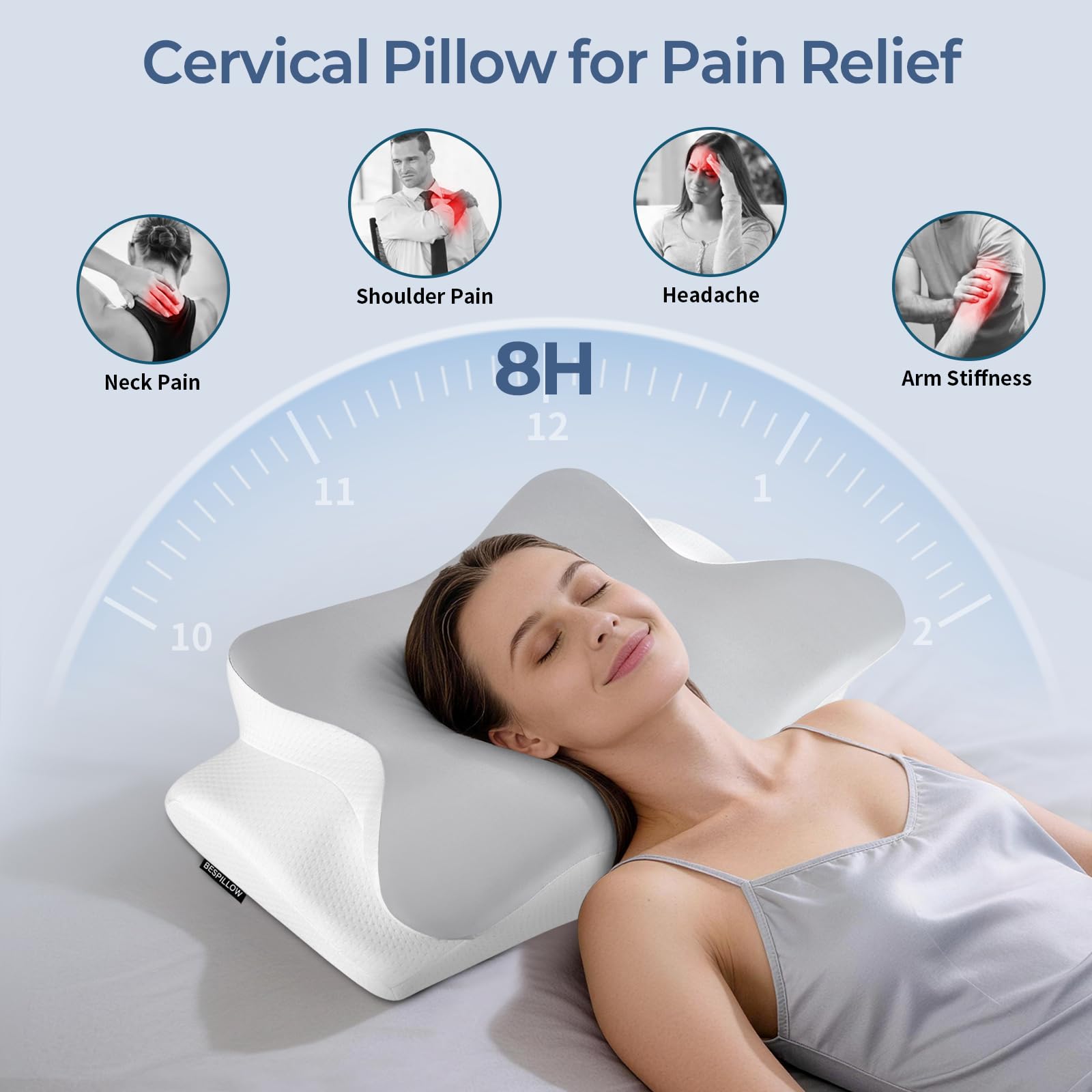 Bespillow cervical neck pillow features a butterfly shape for even pressure distribution.