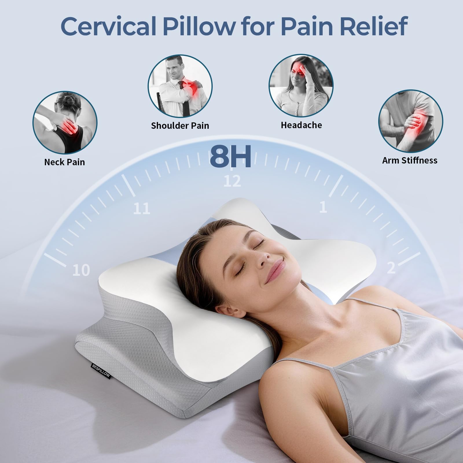 Bespillow cervical pillow with memory foam core contours your neck for lasting support.