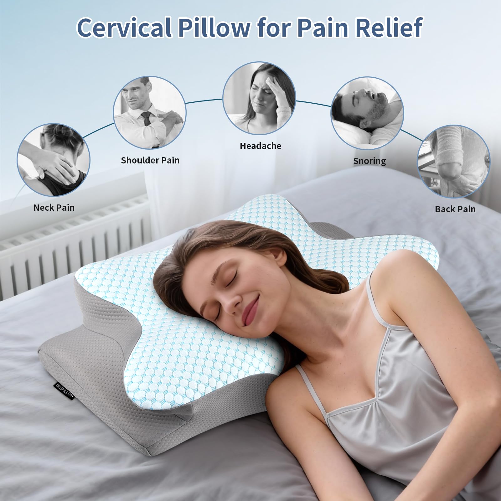 Bespillow memory-foam-core close-up shows high-density foam for supportive contour.