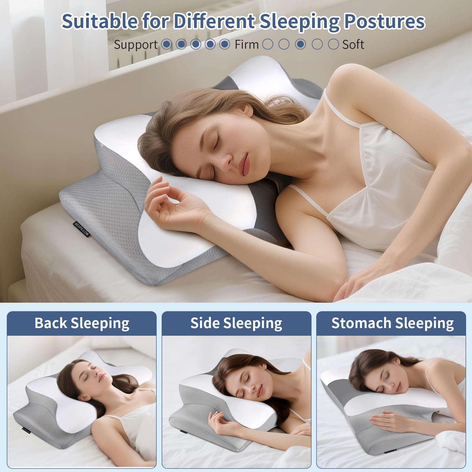 Bespillow memory foam contour supports neck during night movements.