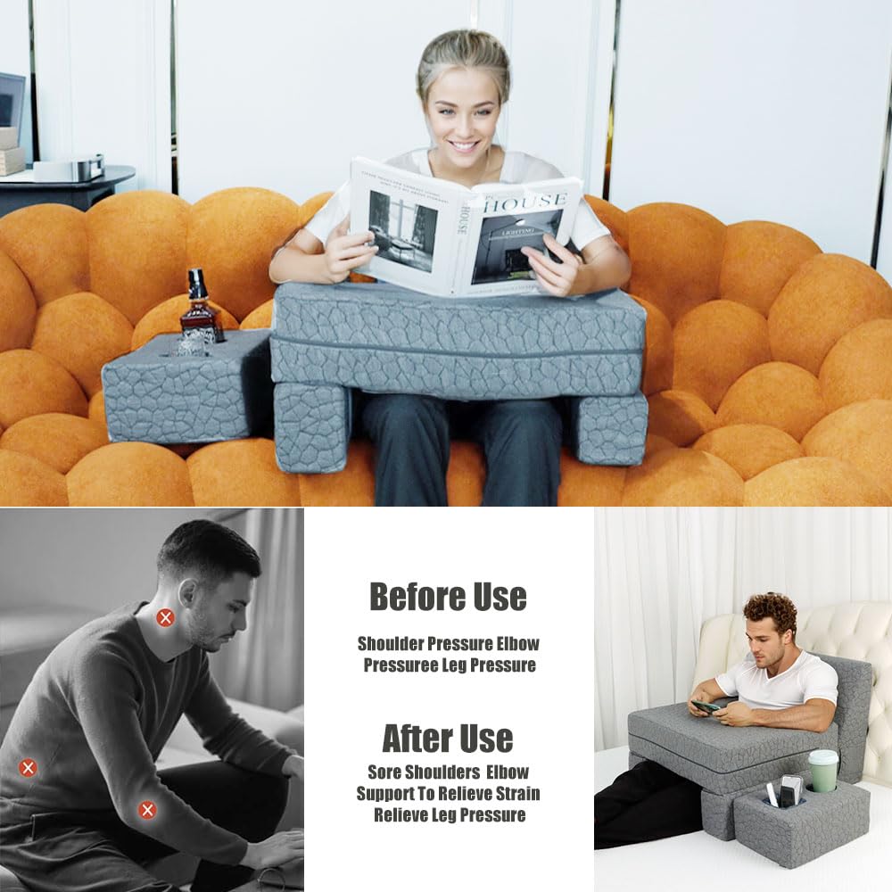 Bespilow reading pillow highlights arm support for relaxed positions during study or gaming.