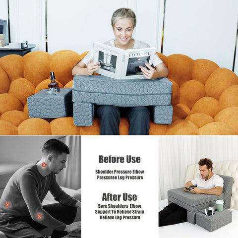 Bespilow reading pillow highlights arm support for relaxed positions during study or gaming.