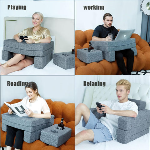 Bespilow built-in shelf keeps remotes, phones, and drinks within easy reach.