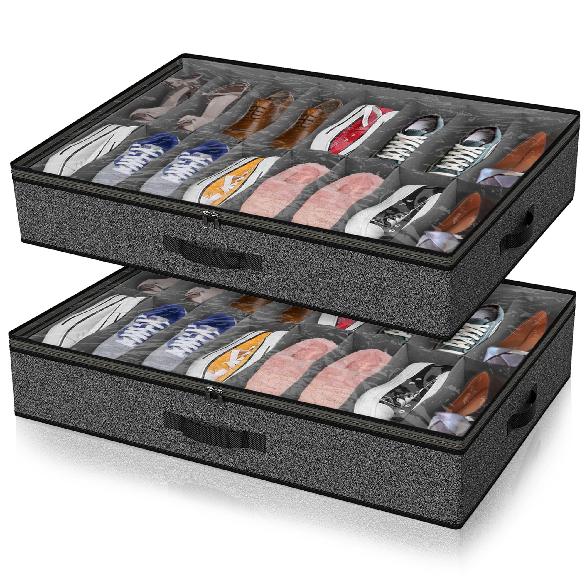 Besslly under-bed shoe storage front view shows large capacity for 32 pairs