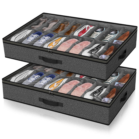 Besslly under-bed shoe storage front view shows large capacity for 32 pairs