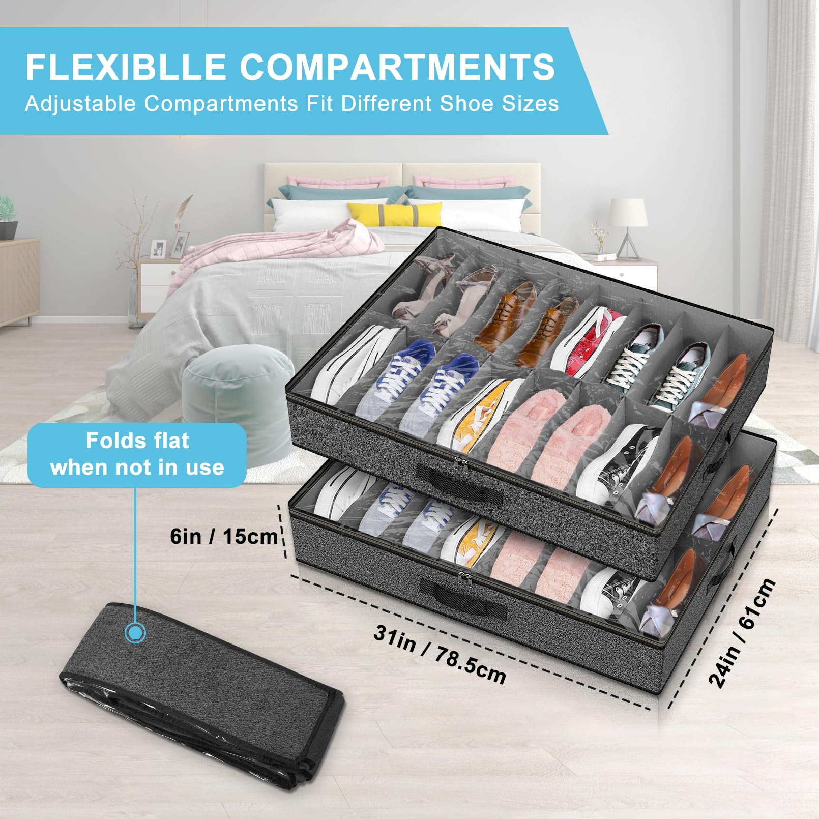 Besslly clear window reveals shoes for quick selection while protecting from dust