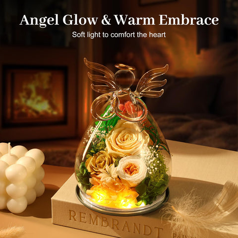 Bessol handcrafted angel figurine complements the rose display with delicate artistry