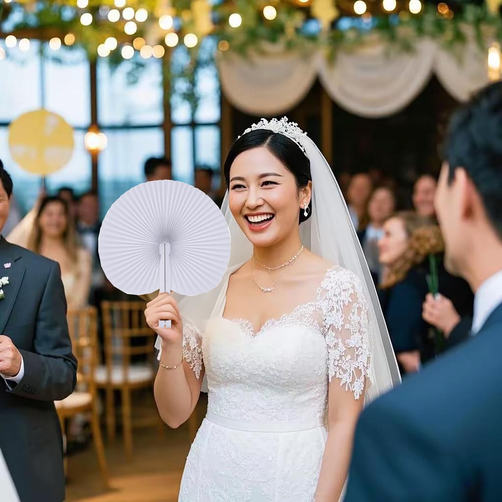 Bestage round wedding decorative fans used as elegant party accents.