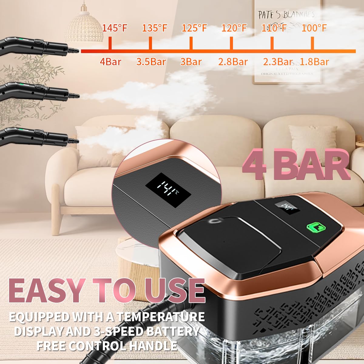 Bestbuy8 steam cleaner shows a temperature display for real-time heat status.