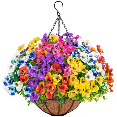Besteek artificial hanging flowers pansy in coconut basket for outdoor porch decor, low maintenance