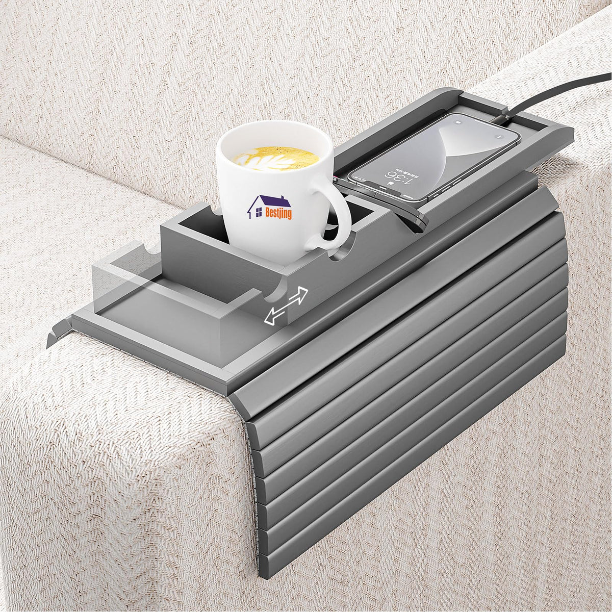 Bestjing bamboo couch armrest table keeps drinks and remotes within reach.