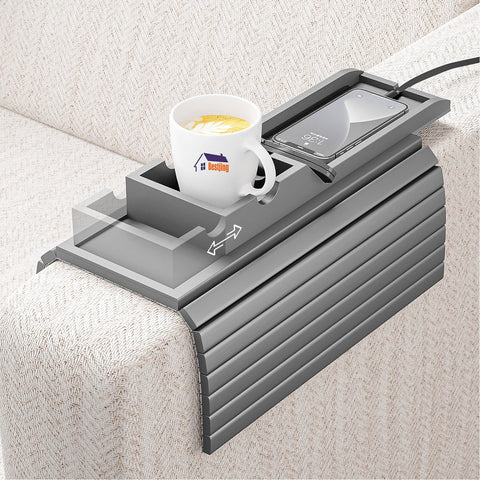 Bestjing bamboo couch armrest table keeps drinks and remotes within reach.