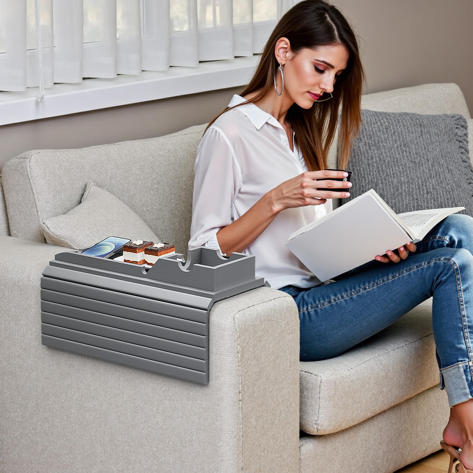 Bestjing foldable snack and device tray stays compact when not in use.