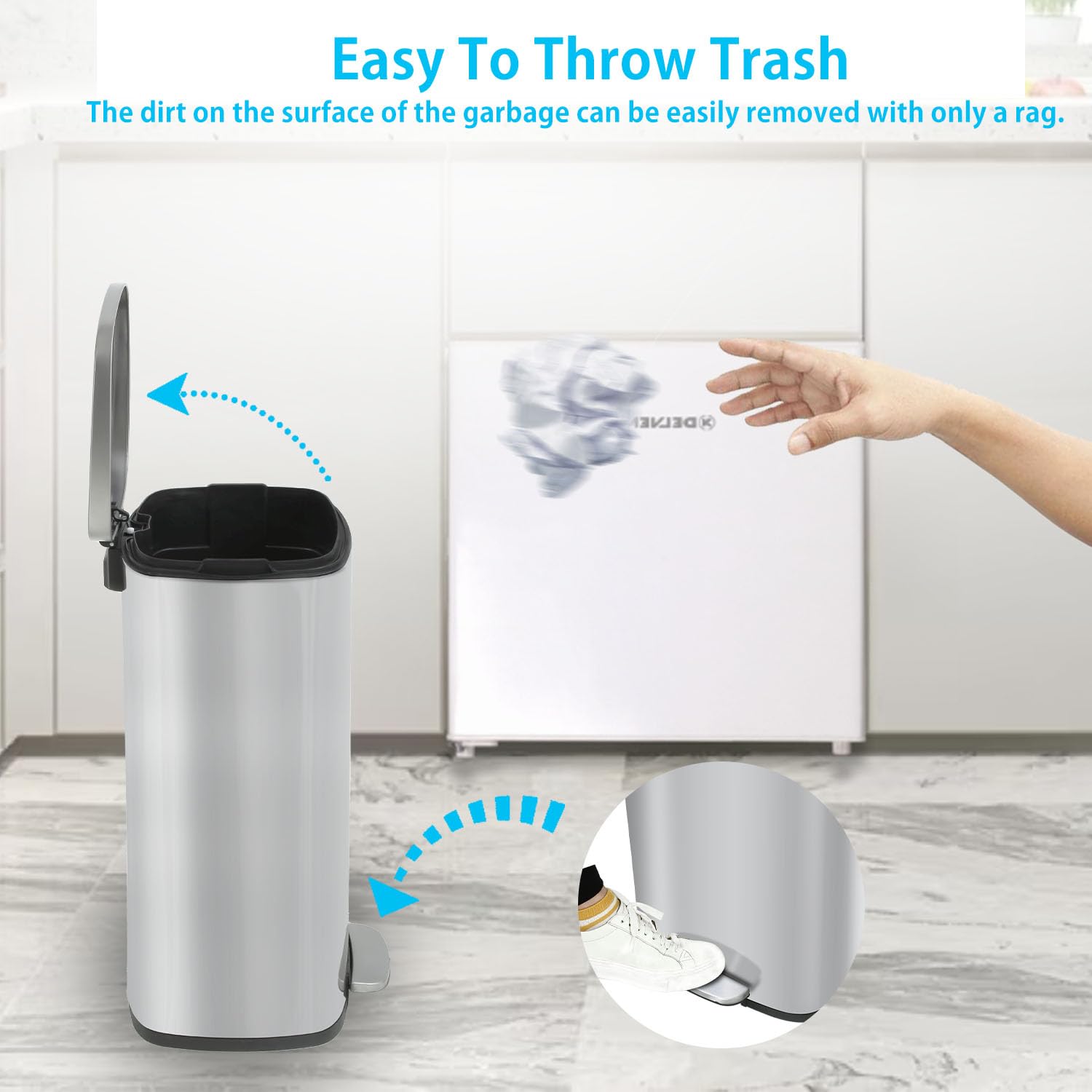 BestMassage trash can with foot pedal enables hands-free disposal.