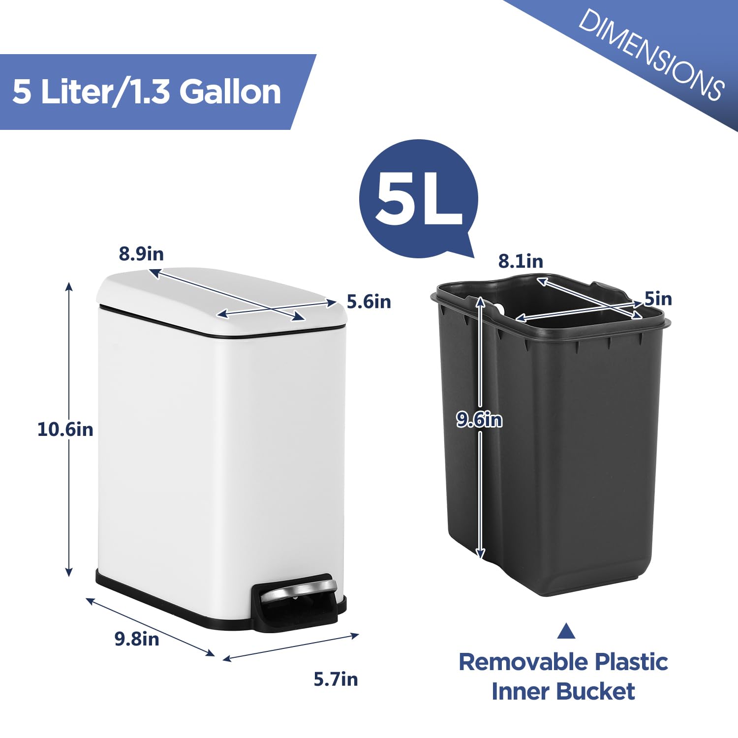 BestOffice compact white trash bin fits bathrooms, bedrooms, and kitchens.