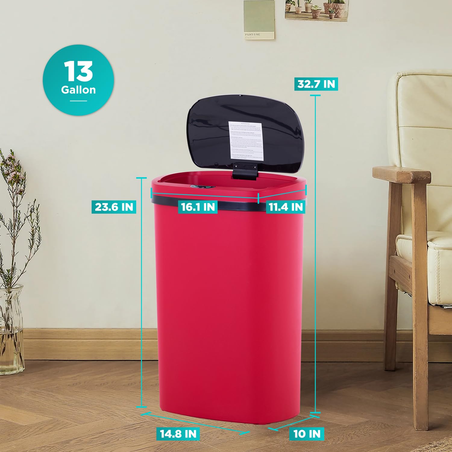 BestOffice red 13-gallon trash can complements decor with practical storage.