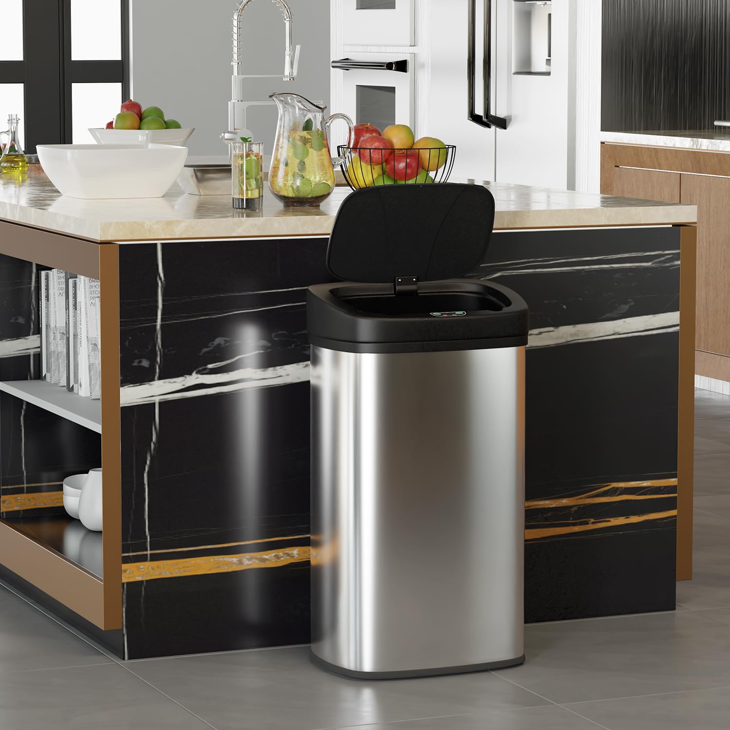 BestOffice stainless steel trash bin highlights durable, rust-resistant construction in modern spaces