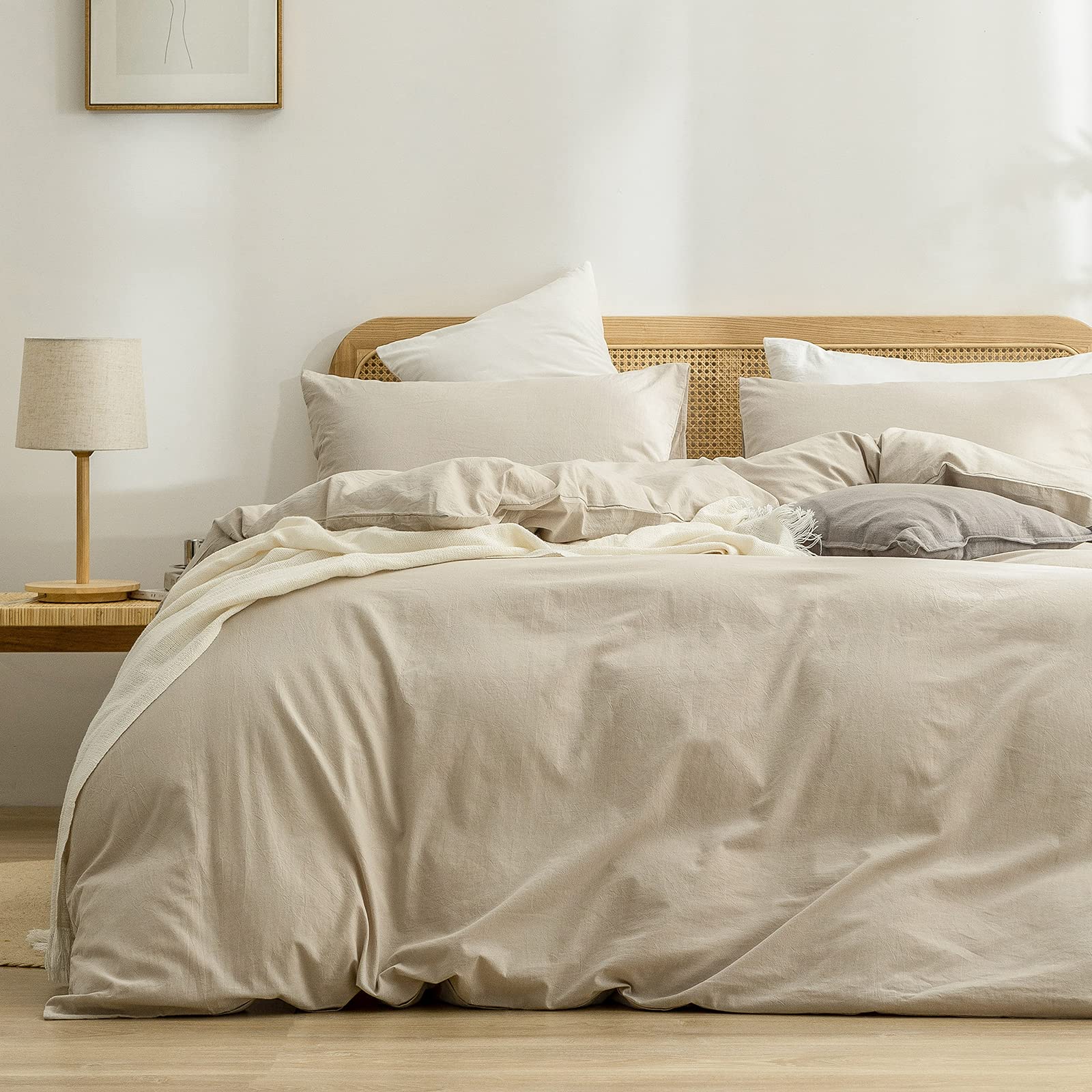 BESTOUCH almond milk grey duvet cover on bed, soft and breathable for restful nights.