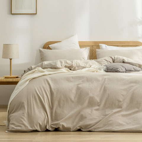 BESTOUCH almond milk grey duvet cover on bed, soft and breathable for restful nights.