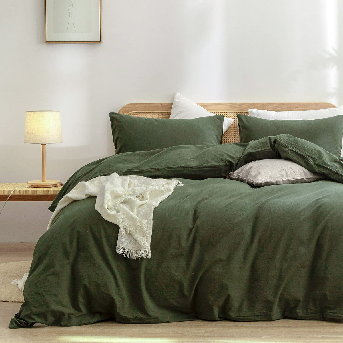BESTOUCH duvet cover set for king bed in olive green with soft washed cotton feel.