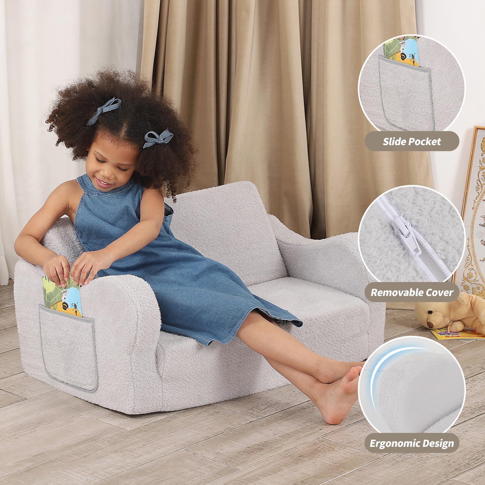 BestRoyal Toddler Chair with side-pocket storage keeps books and toys nearby.