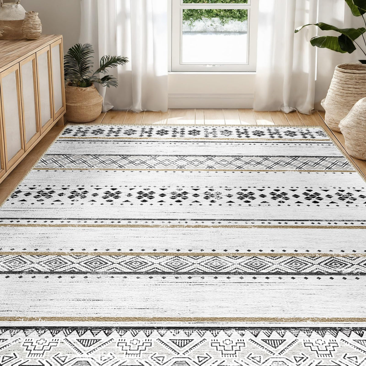 BESTSWEETIE Moroccan area rug in living room enhances modern decor and comfort.