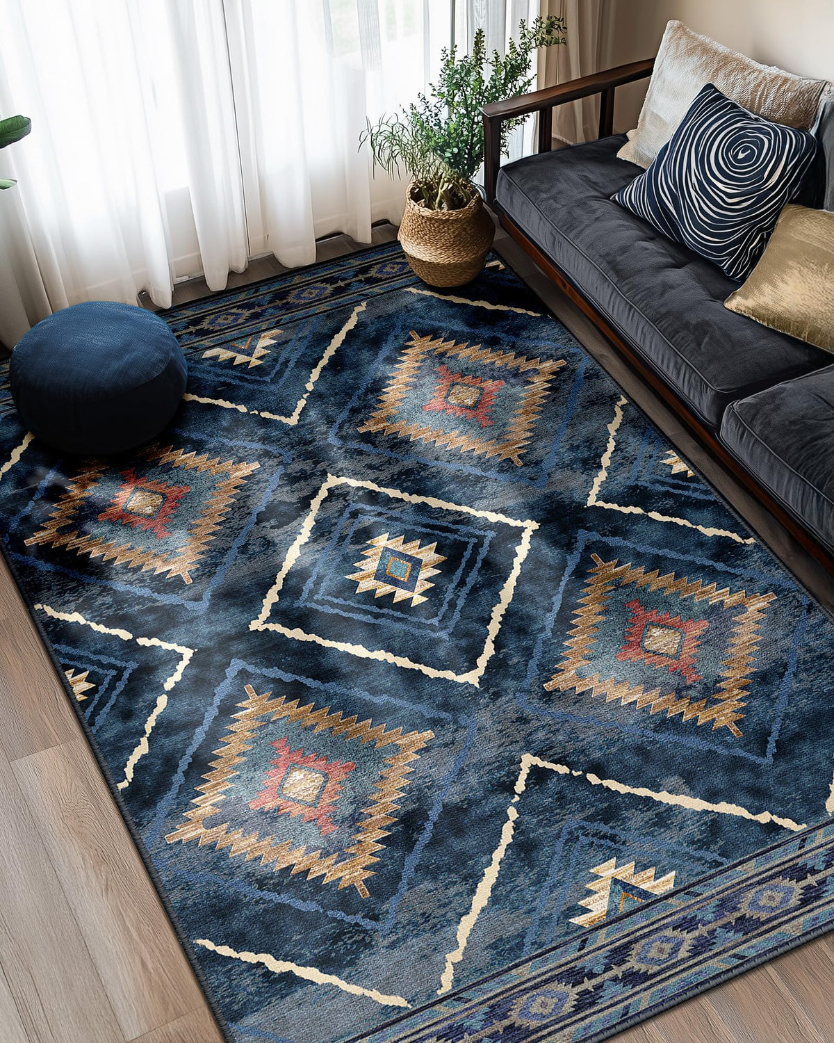 BESTSWEETIE area rug 5x7 in dark blue, soft faux wool for cozy living rooms.