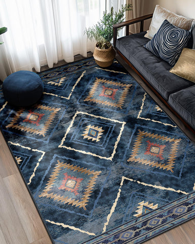 BESTSWEETIE area rug 5x7 in dark blue, soft faux wool for cozy living rooms.